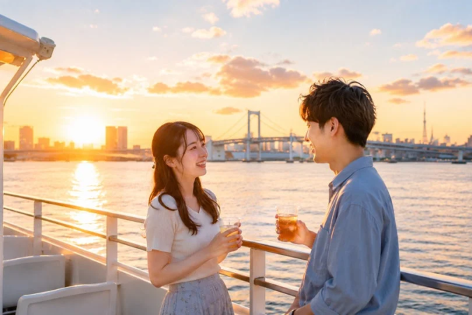 夕焼けに染まる船上で語り合うカップル