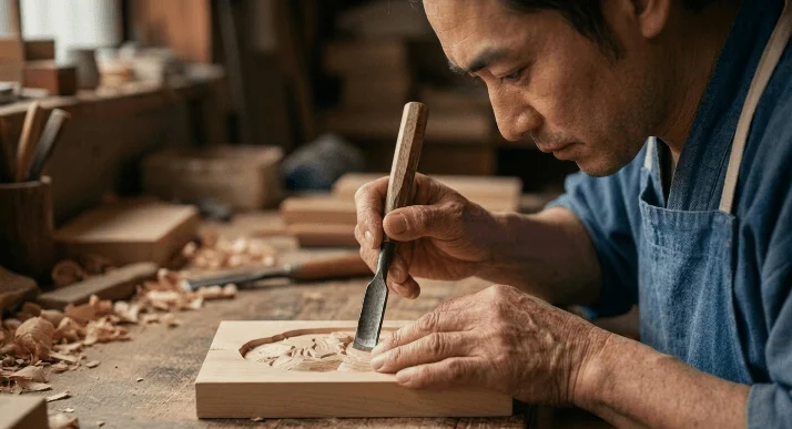 木製の作業台で、一人の職人が集中して木彫り作業をしている様子