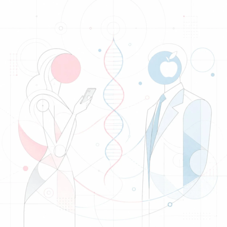 遺伝子とスマートフォンで繋がる男女の抽象イラスト