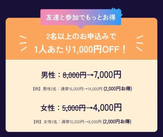 友達と参加でもっとお得 2名以上のお申込みで1人あたり1,000円OFF