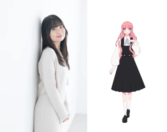 白い壁に寄りかかる笑顔の女性と、ピンクの髪を持つアニメキャラクターのイラストが並んで表示されています。