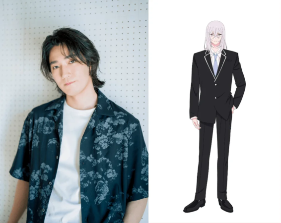 花柄シャツを着た日本人男性の実写ポートレートと、黒いスーツを着た白髪のアニメキャラクターが並んで表示されている画像です。二次元と三次元の人物が対比的に描かれています。